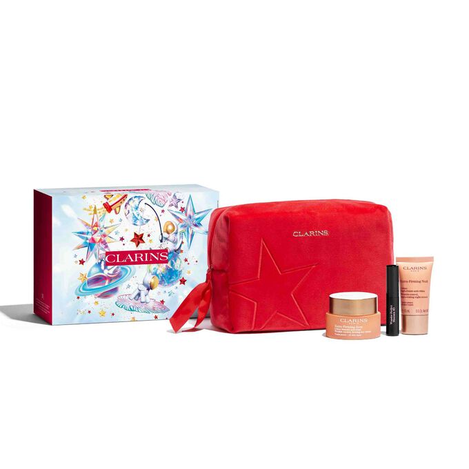 Plan produit des composants du coffret cadeau Extra-Firming pour les fêtes de fin d'année de Clarins : boîte cadeau, trousse à maquillage et sélection de produits.