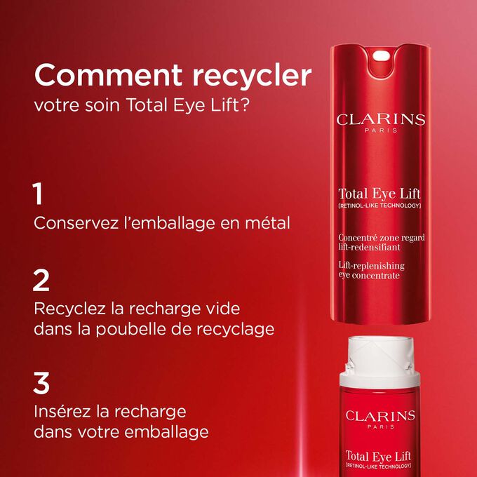 Processus de recyclage du Total Eye Lift de Clarins&nbsp;: Conservez l&rsquo;emballage m&eacute;tallique, recyclez la recharge vide et ins&eacute;rez une nouvelle recharge dans l&rsquo;emballage.