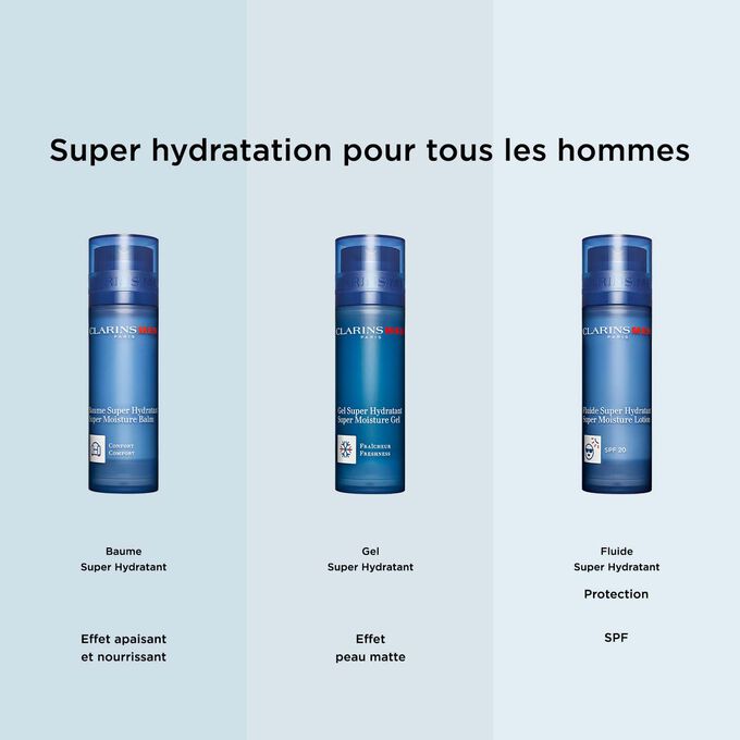 Gamme de soins visage Clarins pour hommes, conçue pour répondre à tous les besoins, pour hydrater ou protéger la peau.