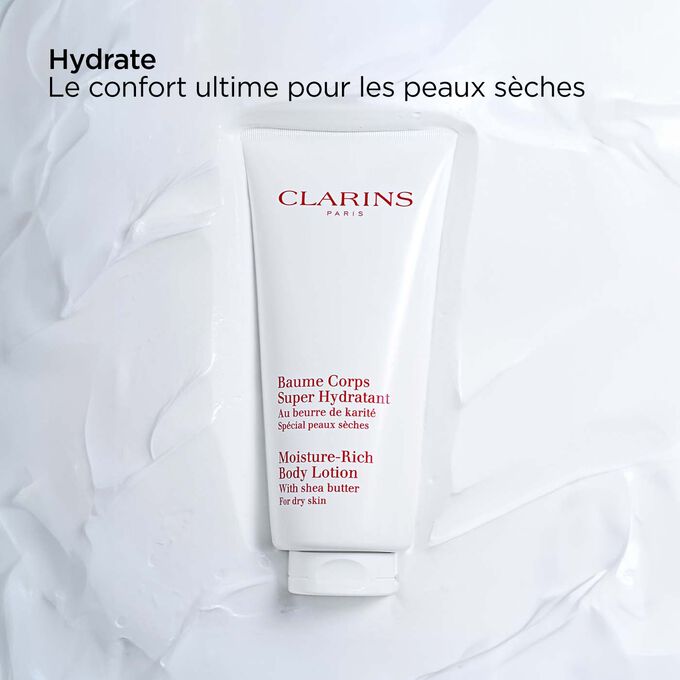 Plan produit du Baume Corps Super Hydratant, avec ses propriétés hydratantes pour un confort absolu des peaux sèches.