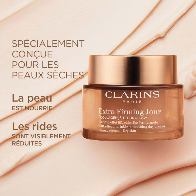 Plan produit de la Crème Extra-Firming Jour pour peaux sèches illustrant ses effets anti-rides et très nourrissants