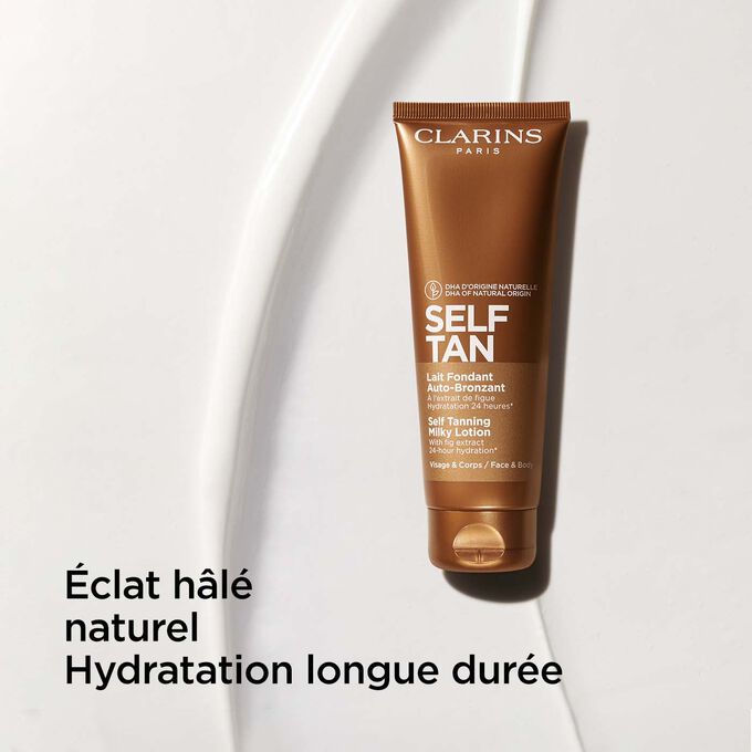 Plan produit du Lait Fondant Auto-Bronzant, et ses bienfaits pour un teint hâlé éclatant et une hydratation longue durée.