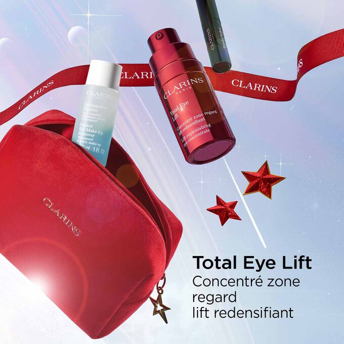 Photo des produits du coffret cadeau Total Eye Lift pour les fêtes de fin d'année de Clarins, avec un zoom sur Total Eye Lift, concentré zone regard lift redensifiant.