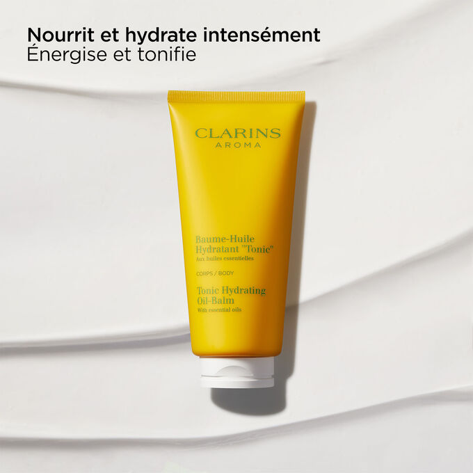 Image du Baume-Huile Hydratant "Tonic" Clarins, mettant en valeur ses propriétés nourrissantes, énergisantes et hydratantes.
