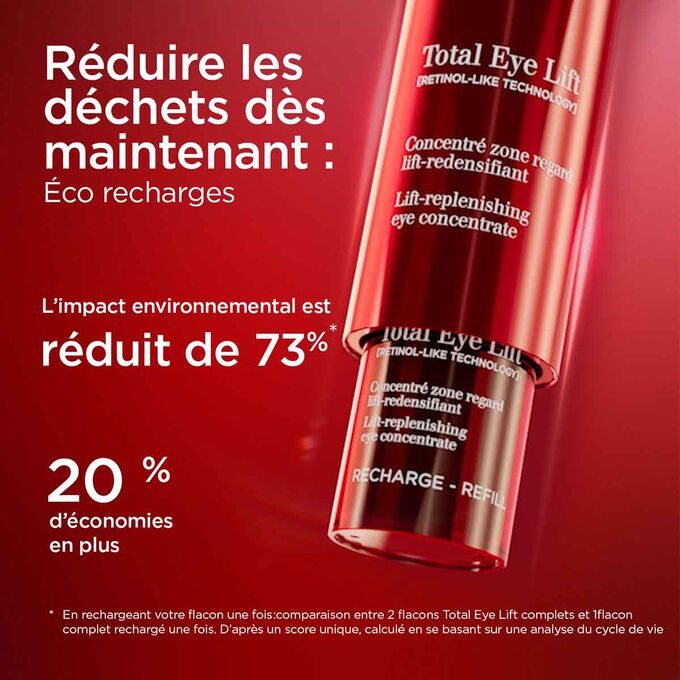 Gros plan sur un emballage Total Eye Lift, mettant en avant son format &eacute;co-recharge, avec 73 % d&rsquo;impact environnemental en moins