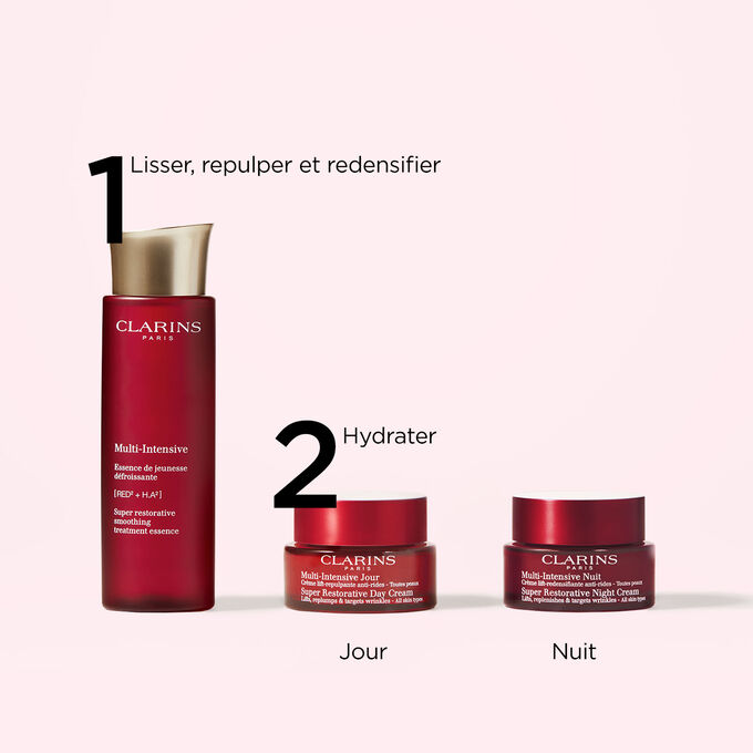 Plan produit de la gamme de soins Multi-Intensive Clarins qui constitue la routine anti-&acirc;ge parfaite pour toutes les peau.