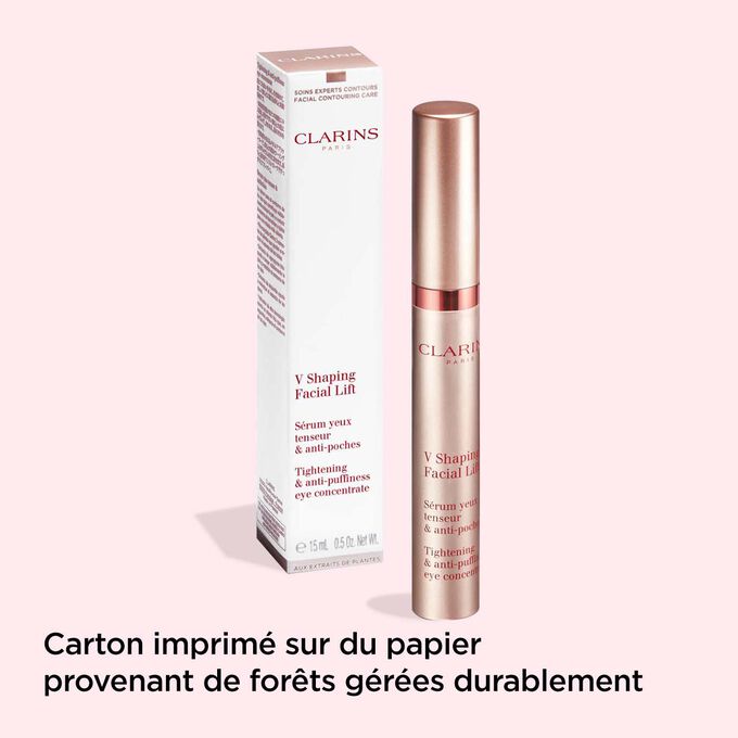 V Shaping Facial Lift Yeux de Clarins et son emballage pour illustrer l'origine recyclable de l'emballage.