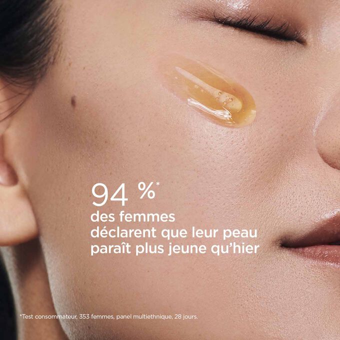 Gros plan sur la joue d'une femme pour montrer qu'avec le Double Serum Clarins, 94 % des utilisatrices sur un panel de 353 femmes ont déclaré à l’issue d'un test de 28 jours que leur peau paraissait plus jeune.