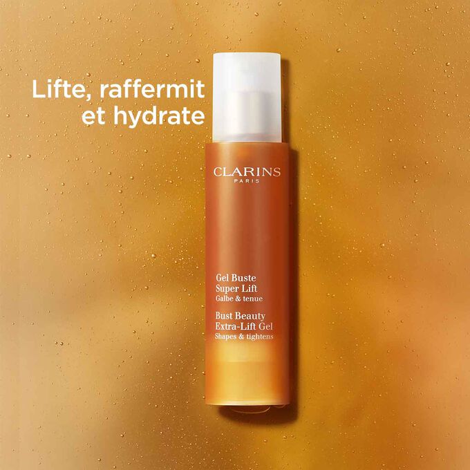 Plan produit du Gel Buste Super Lift Clarins avec un texte sur l’action hydratante et liftante du produit.