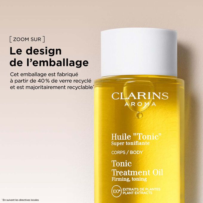 L&rsquo;Huile "Tonic" Clarins dans un emballage en verre recycl&eacute; pour une beaut&eacute; responsable.