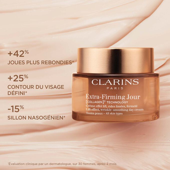Plan produit de la Crème Extra-Firming Jour pour illustrer ses effets de joues rebondies, contours du visage définis et sillons nasogéniens.