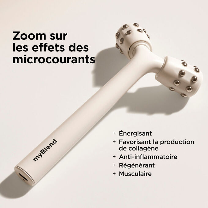 Appareil de massage facial liftant blanc &laquo; myLIFTINGroller &raquo;, pr&eacute;sent&eacute; avec une liste de ses bienfaits mettant en avant ses actions anti-&acirc;ge gr&acirc;ce aux micro-courants.
