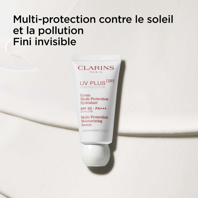 Plan produit UV Plus Anti-Pollution Transparent Clarins, pour un fini invisible et une protection contre soleil et pollution