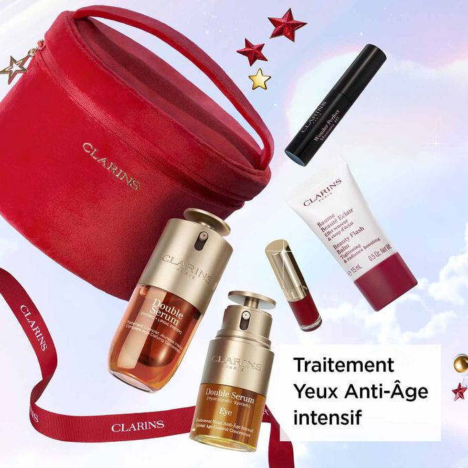 Image du coffret cadeau Double Serum pour les fêtes de fin d'année de Clarins, qui consiste à mettre en avant le Traitement Yeux Anti-Âge Intensif.