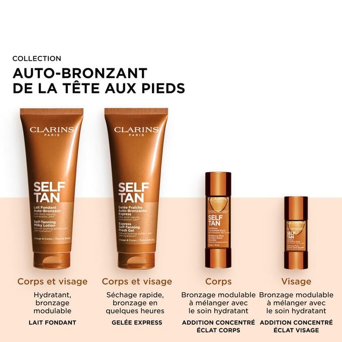 Plan produit de la gamme auto-bronzante de Clarins, qui contient des produits visage et corps pour un &eacute;clat radieux, dor&eacute; et h&acirc;l&eacute;.