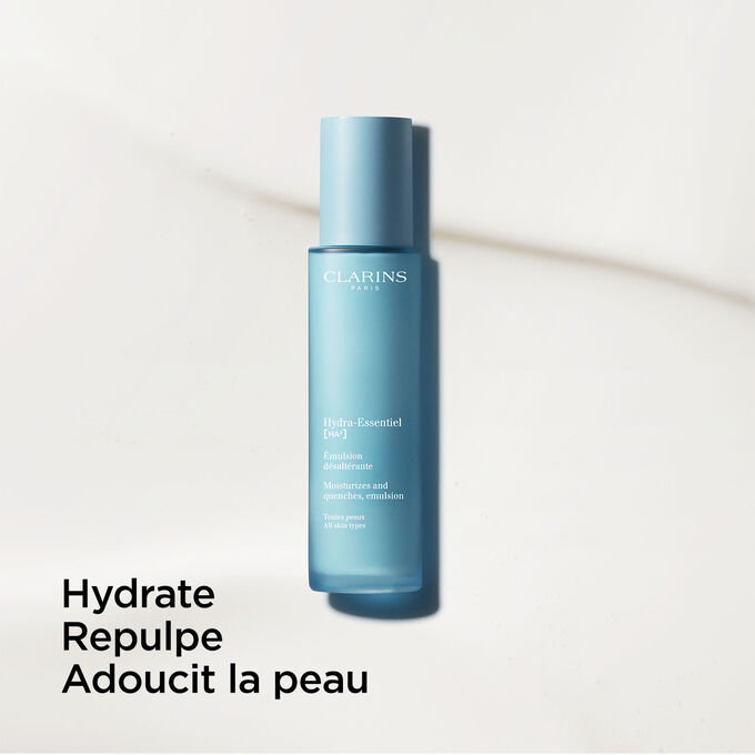 Plan produit Émulsion Hydra-Essentiel 23 de Clarins, une émulsion de jour hydratante et adoucissante à l'acide hyaluronique.