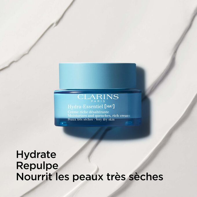 Image Crème Riche Hydra-Essentiel de Clarins, avec de l'acide hyaluronique pour repulper et nourrir les peaux très sèches.