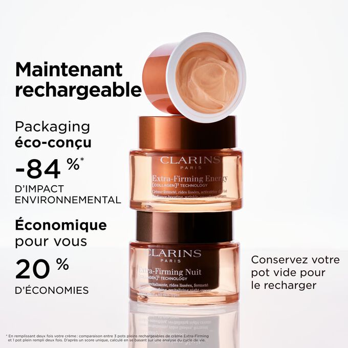 Plan produit du packaging et de la recharge de la cr&egrave;me Extra-Firming, mettant en &eacute;vidence le packaging &eacute;cologique et les caract&eacute;ristiques de la recharge en termes de durabilit&eacute;