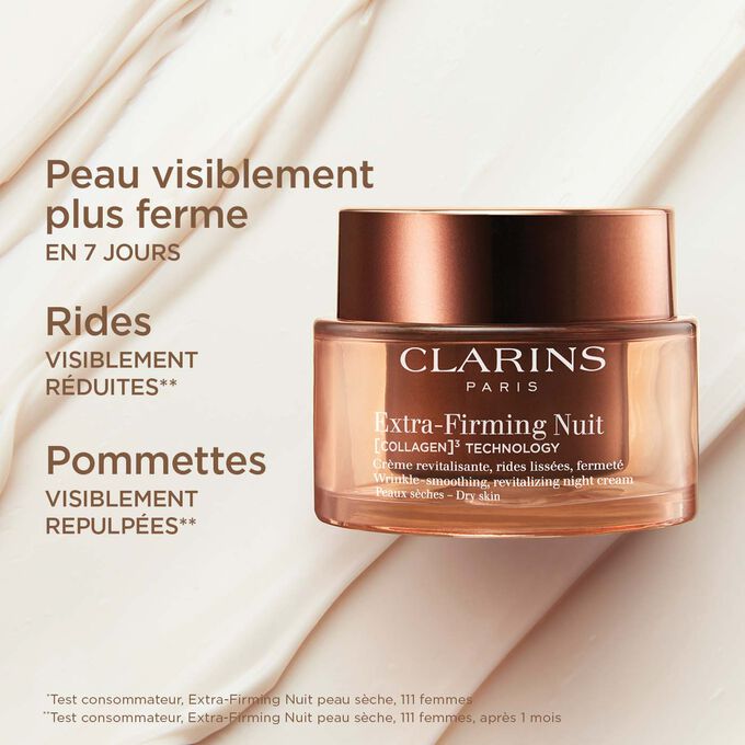 Plan produit de la Crème Extra-Firming Nuit pour peaux sèches illustrant ses effets repulpants et raffermissants visibles sur la peau
