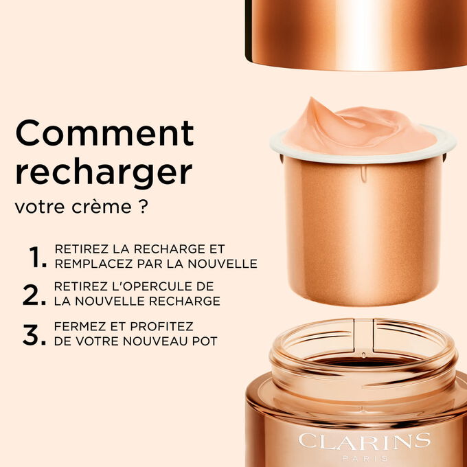 Illustration expliquant comment recycler votre soin Extra-Firming, avec les diff&eacute;rentes &eacute;tapes &agrave; suivre pour un recyclage correct
