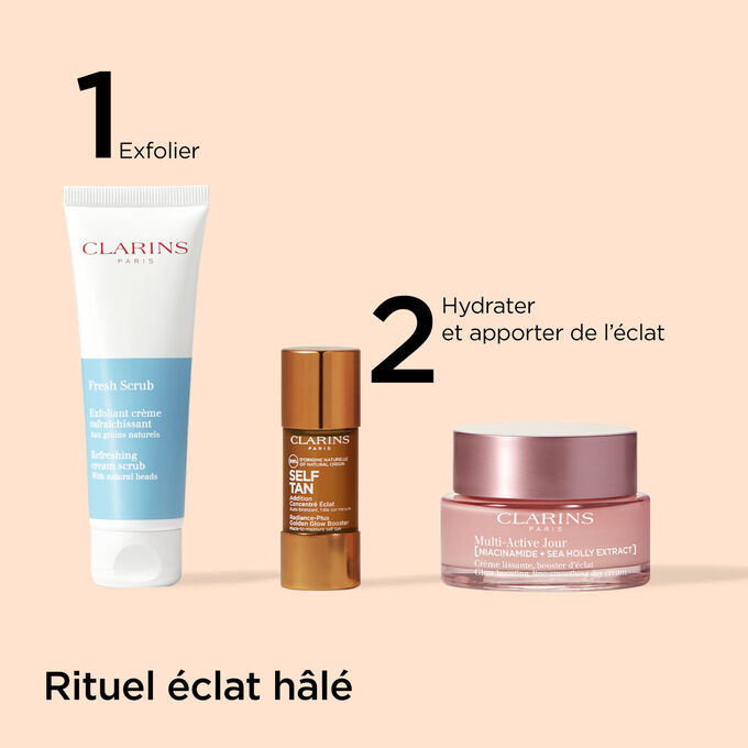 Plan produit de la routine de soins autobronzants progressifs de Clarins pour un teint h&acirc;l&eacute; progressif sans soleil