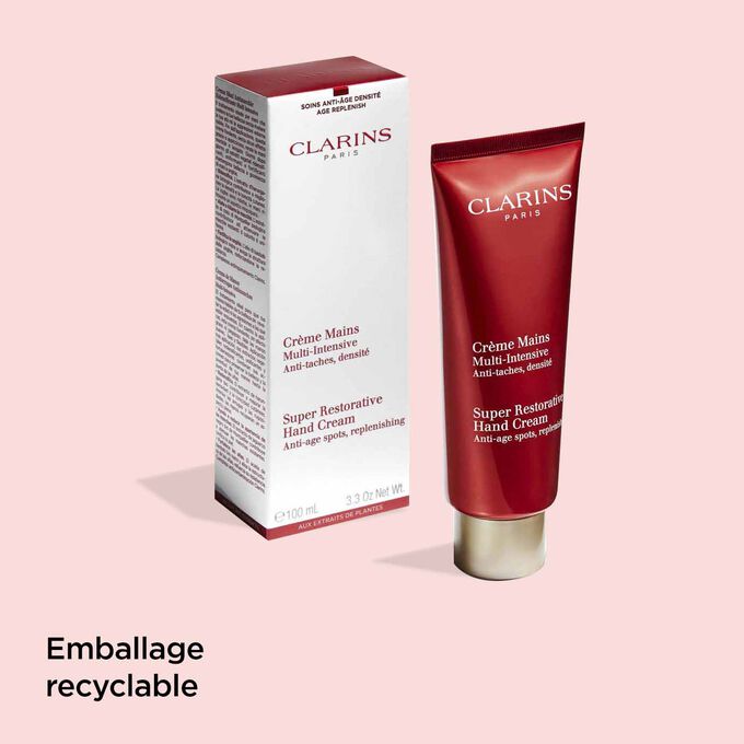 Tube de la Crème Jeunesse des Mains Clarins et son emballage pour illustrer l'origine recyclable de l'emballage.