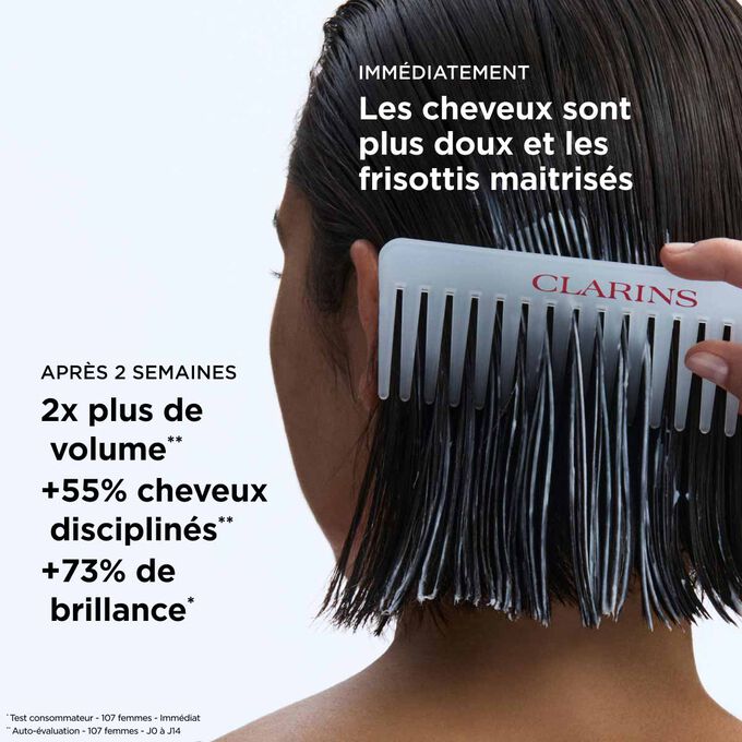 R&eacute;sultats de l&rsquo;apr&egrave;s-shampooing lissant sur les cheveux : deux fois plus de volume et +73&nbsp;% de brillance pour des cheveux faciles &agrave; coiffer.