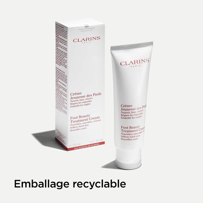 Tube de la Crème Jeunesse des Pieds Clarins et son emballage pour illustrer l'origine recyclable de l'emballage.