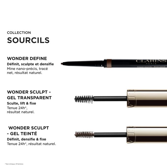 La routine sourcils Clarins avec les essentiels : Wonder Define, Sculpt-Clear Gel et Sculpt Tinted Gel pour un effet liftant naturel et une tenue 24 h.