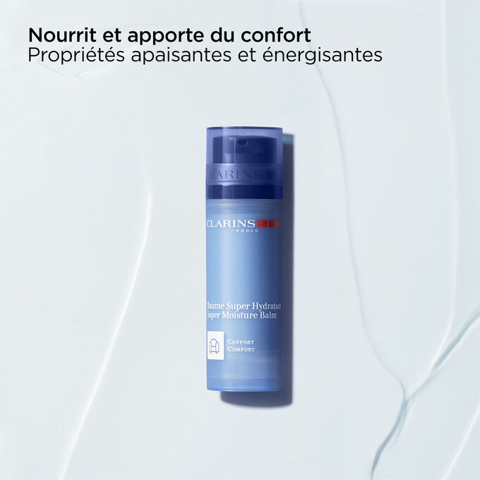 Plan produit du Baume Super Hydratant ClarinsMen, avec un texte sur le pouvoir apaisant et énergisant du produit.