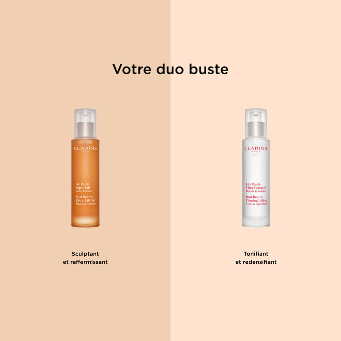 Plan produit duo buste Clarins: Gel Super Lift et Lait Ultra-Fermeté pour sculpter, raffermir, tonifier, redensifier la peau