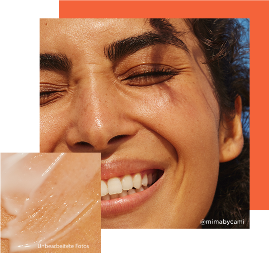 Orangefarbener Hintergrund, Model ausgewogene Haut, Textur auf der Hautoberfläche Anti-Aging-Creme