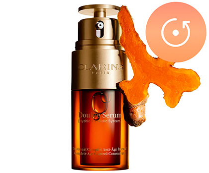 Double Serum Light Texture Packshot mit dem Hauptwirkstoff Kurkuma-Extrakt direkt daneben