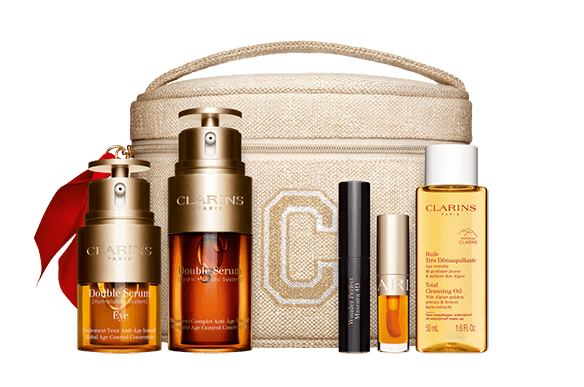 Coffret rituel Double Serum & Double Serum Eye avec mini mascara & mini Huile Confort Lèvres & dose d'essai Eau Micellaire Démaquillante, dans une pochette